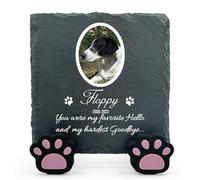 TULLUN Personalised Individual Square Memorial Small Plaque with Paw Stand For Pet Cat Dog Slate Stone Frame Grave Marker - Size 5.9" x 5.9" or 150 x 150 mm - White Frame Photo