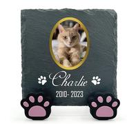TULLUN Personalised Individual Square Memorial Small Plaque with Paw Stand For Pet Cat Dog Slate Stone Frame Grave Marker - Size 3.94" x 3.94" or 100 x 100 mm - Gold Frame Photo