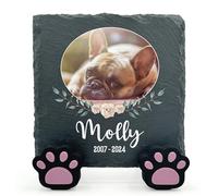 TULLUN Personalised Individual Square Memorial Small Plaque with Paw Stand For Pet Cat Dog Slate Stone Frame Grave Marker - Size 3.94" x 3.94" or 100 x 100 mm - Floral Frame