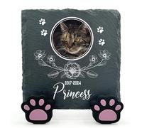 TULLUN Personalised Individual Square Memorial Small Plaque with Paw Stand For Pet Cat Dog Slate Stone Frame Grave Marker - Size 5.9" x 5.9" or 150 x 150 mm - Floral