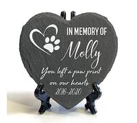 TULLUN Personalised Memorial Heart Shape Plaque + Black Stand For Pet Cat Dog Slate Stone Rock Frame Paw Grave Marker - In Memory Of - Size | 4" x 4" or 10 x 10 cm |