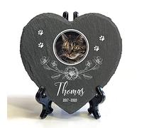 TULLUN Personalised Memorial Heart Shape Plaque + Black Stand For Pet Cat Dog Slate Stone Rock Frame Paw Grave Marker - Floral - Size | 4" x 4" or 10 x 10 cm |