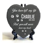 TULLUN Personalised Memorial Heart Shape Plaque + Black Stand For Pet Cat Dog Slate Stone Rock Frame Paw Grave Marker - You Have Left My Life - Size | 4" x 4" or 10 x 10 cm |