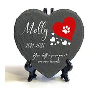 TULLUN Personalised Memorial Heart Shape Plaque + Stand For Pet Cat Dog Slate Stone Frame Paw Grave Marker - Red Heart - Size | 4" x 4" or 10 x 10 cm|