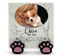 TULLUN Personalised Memorial White Marble Stone Plaque With Paw Dispaly Stand For Pet Cat Dog Grave Marker - Size |4" x 4" or 10 x 10 cm|- Oval Photo