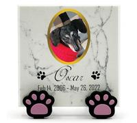 TULLUN Personalised Memorial White Marble Stone Plaque With Paw Dispaly Stand For Pet Cat Dog Grave Marker - Size |4" x 4" or 10 x 10 cm|- Gold Photo