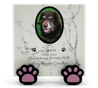 TULLUN Personalised Memorial White Marble Stone Plaque With Paw Dispaly Stand For Pet Cat Dog Grave Marker - Size |4" x 4" or 10 x 10 cm|- Photo and Name