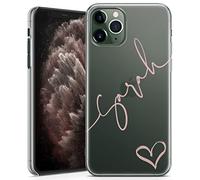TULLUN Personalised Phone Case for iPhone 12 Mini - Clear Hard Plastic Custom Cover Transparent Heart Design Individual Style Text - Rose Gold Diagonal Name