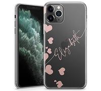TULLUN Personalised Phone Case for iPhone 12 Mini - Clear Soft Gel TPU Custom Cover Cute Hearts Design Individual Style Your Own Text - Rose Gold Diagonal Name