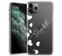 TULLUN Personalised Phone Case for iPhone 12 Mini - Clear Soft Gel TPU Custom Cover Cute Hearts Design Individual Style Your Own Text - White Diagonal Name
