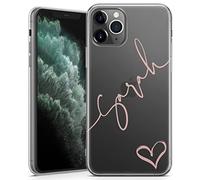 TULLUN Personalised Phone Case for iPhone 12 Mini - Clear Soft Gel TPU Custom Cover Hearts Design Individual Style Initials Text - Rose Gold Diagonal Name