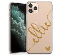 TULLUN Personalised Phone Case for iPhone 13 Mini - Clear Soft Gel TPU Custom Cover Colour Heart and Diagonal Design Name Initials Your Text - Gold