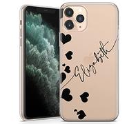 TULLUN Personalised Phone Case for iPhone 13 Mini - Clear Soft Gel TPU Custom Cover Cute Hearts Design Individual Style Your Own Text - Black Diagonal Name