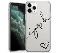 TULLUN Personalised Phone Case for iPhone 13 Mini - Clear Soft Gel TPU Custom Cover Hearts Design Individual Style Initials Text - Black Diagonal Name