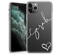 TULLUN Personalised Phone Case for iPhone 13 Mini - Clear Soft Gel TPU Custom Cover Hearts Design Individual Style Initials Text - White Diagonal Name