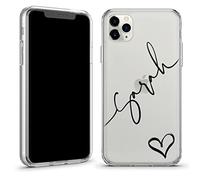 TULLUN Personalised Phone Case for iPhone 13 Mini - Custom Name & Heart Crystal Clear Hybrid Shockproof TPU Bumper & Hard Back Plate Cover - Black Diagonal Name