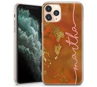 TULLUN Personalised Phone Case for iPhone 15 Pro Max - Clear Soft Gel TPU Custom Cover Autumn Gold Marmor Individual Fall Design Style Name Text Idea - Orange Gold Marble