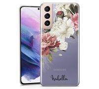 TULLUN Personalised Phone Case for Samsung Galaxy A13 - Clear Soft Gel Custom Cover Cute Pastel Peonies Design Summer Style Your Text - Bottom Handwritten Name