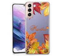 TULLUN Personalised Phone Case for Samsung Galaxy S10 Lite - Clear Soft Gel TPU Custom Cover Autumn Flower Leaves Design Fall Vibes Style Your Text - Leave Heart