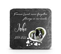 TULLUN Personalised Square Memorial Plaque For Pet Cat Dog any Animal Slate Stone Rock Frame Paw Print Grave Marker - Size 3,94" x 3,94" or 100 x 100 mm - Heart Photo