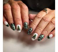 TULOBI Christmas Green Press On Nail Short Almond Fake Nails Full Cover Acrylic Nails Christmas Tree Design Joy Xmas Stick on Nails Artificial False Nail Glue for Women 24pcs