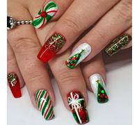 TULOBI Christmas Press on Nails Medium Size Coffin Christmas Tree Designs Glitter Stick on Nails Christmas Green Red Stripes Design Full Cover Nail