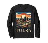 Tulsa Oklahoma Retro Vintage Skyline River Art Deco Landmark Long Sleeve T-Shirt