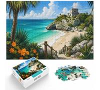 Tulum Mexico Beach Landscape Illustration Jigsaw Puzzle, 1000 Piece | As a Christmas gift idea, this adult jigsaw puzzle with 1000 pieces works well for shared time during the holidays.
