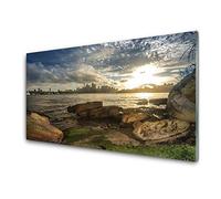 Tulup Glass Splashback for Kitchen - 39.4 in x 19.7 in / 100x50 cm - Cooker Wall Protection Tempered Glass - Sea Stones City Landscape