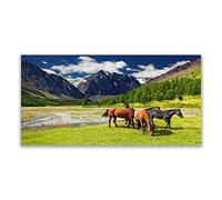 Tulup Glass Splashback for Kitchen - 55.1 in x 27.6 in / 140x70 cm - Cooker Wall Protection Tempered Glass - Mountain Trees Horses Animals