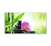 Tulup Splashback - 140x70cm Backsplash Cooker Hob Wall Splashback - Kitchen Wall Panels - Heat Resistant - Toughened/Tempered Safety Real Glass - Bamboo Tube Flower Stones Floral