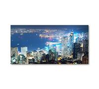 Tulup Splashback 39.37x19.68 inch / 100x50cm Wall Protection Toughened Safe Glass Splash-Back Kitchen Panel Tempered Glass Kitchen Protection Induction Cooker Glass Panel - Blue - Hong Kong at Night