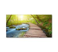 Tulup Splashback 47.24x23.62 inch / 120x60 cm Wall Protection Toughened Safe Glass Splash back Kitchen Panel Tempered Glass Kitchen Protection Induction Cooker Glass Panel - Green - path in the forest