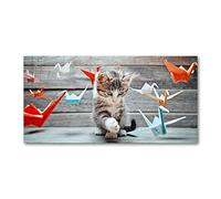 Tulup Splashback 55.12x27.56 inch / 140x70 cm Splash back Kitchen Panel Toughened Safe Glass Tempered Glass Panel Wall Protection Induction Cooker Kitchen - Multicolored - Cat birds paper