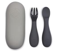 TUM TUM Silicone Baby Cutlery with Travel Case - Baby Spoon & Fork Set - Designed with Feeding Specialist - Baby Led Weaning Utensils - Dishwasher, Steriliser Friendly - BPA Free - 6m+, Grey