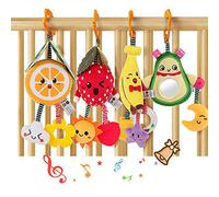 TUMAMA Baby Pram Hanging Rattle Toys 0 3 4 6 9 Months, Newborn Sensory Learning Toys with Squeaky Sound & Teether, Plush Soft Rattles for Car Seat, Pushchair, Crib & Stroller Newborns Boy Girl (4pcs)