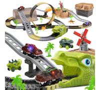 TUMAMA Dinosaur Car Racing Track Toy Set, 255 Pieces Dino Children's Toy from 3 4 5 6 Years Children, Highway Train with 2 Cars, Electric 360 Looping Racetrack, Cars Race Track Railway Construction