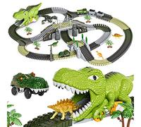 TUMAMA KIDS Dinosaur Toys Race Track,281 Pcs Dinosaur Train Toys for Kids 3 4 5 6 Year Old,Flexible Train Tracks with 4 Dinosaurs,2 Electric Race Cars with Lights