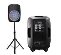 TUMAN Pro Portable 15-Inch PA Speaker System DJ Amplified Loud Speaker with Stand Bluetooth/USB/SD Card Reader/FM Radio/Remote Control/LED Light, Good for Churches, Bands, Parties