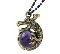 TUMBEELLUWA Dragon Necklace with Round Beads for Men Women Healing Crystal Stone Brass Wrap Pendant Animal Jewelry Gift, Dragon - Amethyst, Amethyst Quartz