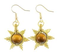 TUMBEELLUWA Handmade Sun Dangle Earrings for Women, Wire Wrapped Crystal Stone Drop Earrings, Tiger's Eye Stone, tiger's eye stone