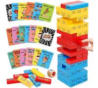 Tumble Tower Blocks Party Game,121PC Wooden Stacking Game,60 Blocks,60 Cards,1 Dice,Thousands of Hilarious Combos,Classic Tower Stack Games for Family Night Party Wood Block Games with Storage Bag