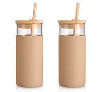 Tumbler glass with bamboo straw. | Borosilicate Glass Cups with Bamboo Lid, Silicone Sleeve, Dishwasher Safe, Cup Holder Friendly, Iced Coffee Tumbler, 2 Pcak