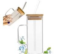 Tumbler with Lid and Straw Square 400ml Transparent Tumbler Cups with Handle Heat Resistant Glass Drinking Cups for Home Office, White, Tumbler with Lid and Straw