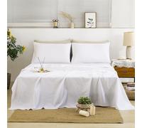 TUMEI 4 Pieces 100% Stonewashed French Linen Bedding Sheets Set, 16" Deep Pocket, 1 Fitted Sheet & 1 Flat Sheet & 2 Pillowcases, Solid Color, Soft & Comfortable (White, Double Size)