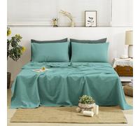 TUMEI 4 Pieces 100% Stonewashed French Linen Bedding Sheets Set, 16" Deep Pocket, 1 Fitted Sheet & 1 Flat Sheet & 2 Pillowcases, Solid Color, Soft & Comfortable (Ocean Blue, Double Size)