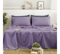 TUMEI 4 Pieces 100% Stonewashed French Linen Bedding Sheets Set, 16" Deep Pocket, 1 Fitted Sheet & 1 Flat Sheet & 2 Pillowcases, Solid Color, Soft & Comfortable (Purple, Super King Size)