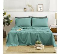 TUMEI 4 Pieces 100% Stonewashed French Linen Bedding Sheets Set, 16" Deep Pocket, 1 Fitted Sheet & 1 Flat Sheet & 2 Pillowcases, Solid Color, Soft & Comfortable (Ocean Blue, Super King Size)