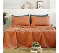 TUMEI 4 Pieces 100% Stonewashed French Linen Bedding Sheets Set, 16" Deep Pocket, 1 Fitted Sheet & 1 Flat Sheet & 2 Pillowcases, Solid Color, Soft & Comfortable (Orange, King Size)