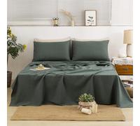 TUMEI 4 Pieces 100% Stonewashed French Linen Bedding Sheets Set, 16" Deep Pocket, 1 Fitted Sheet & 1 Flat Sheet & 2 Pillowcases, Solid Color, Soft & Comfortable (Green, Double Size)